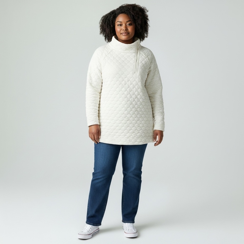 T by Talbots Plus Size Quilted Ivory Asymmetrical Zip Pull-over Top Size 1X